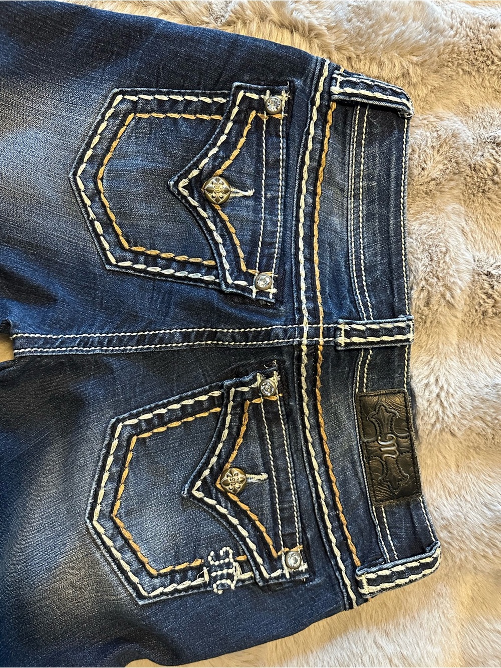 Miss Me Dark Blue Skinny Jeans with White and Tan Contrast Stitching